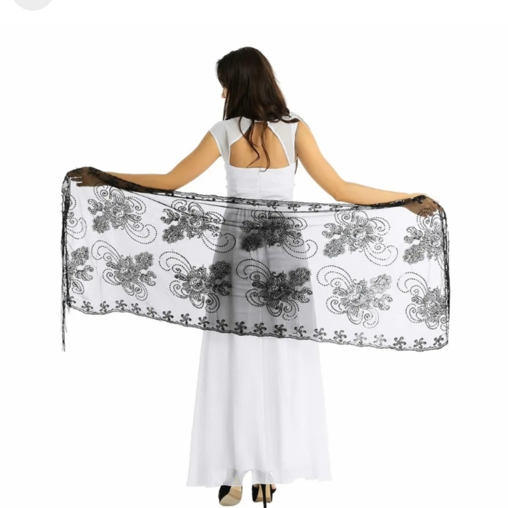 TiaoBug Women's 1920s Scarf Mesh Sequin Wedding Cape Fringed Evening Shawl Wrap